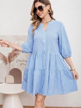 NWOT utcoco Spring Summer Plaid Blue Gingham Shirt Dress 3/4 Puff Sleeve, Large
